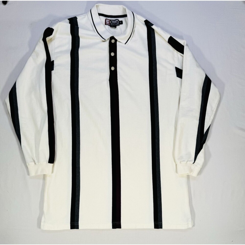 Chaps Ralph Lauren Retro Y2K Long Sleeve Polo Shirt XL Cream Black Burgundy